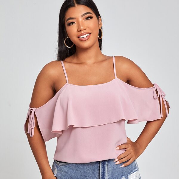 

Plus Ruffle Trim Cold Shoulder Blouse, Pink