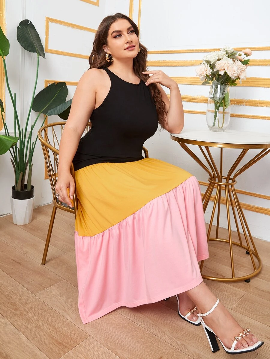 SHEIN Plus Color Block Ruffle Hem Dress - Multicolor - View 1