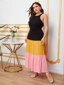 SHEIN Plus Color Block Ruffle Hem Dress - Multicolor - View 3