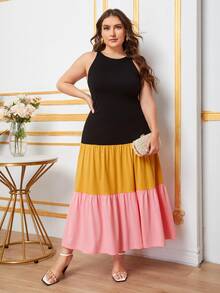 SHEIN Plus Color Block Ruffle Hem Dress - Multicolor - View 4