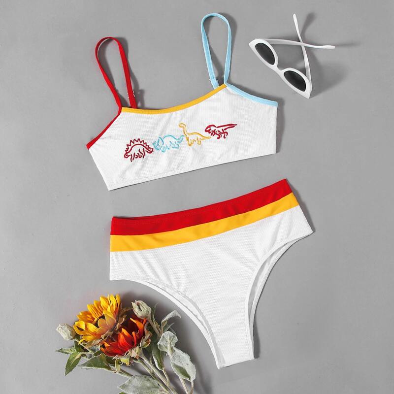 

Dinosaur Embroidery Contrast Binding Bikini Swimsuit, Multicolor