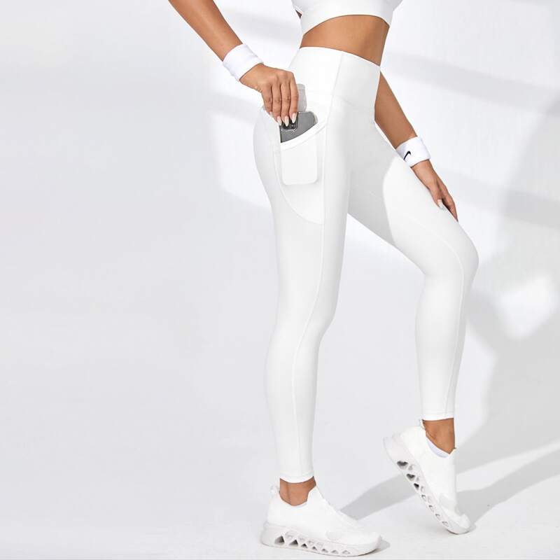 

High Stretch Pocket Side Wide Waistband Sports Leggings, White