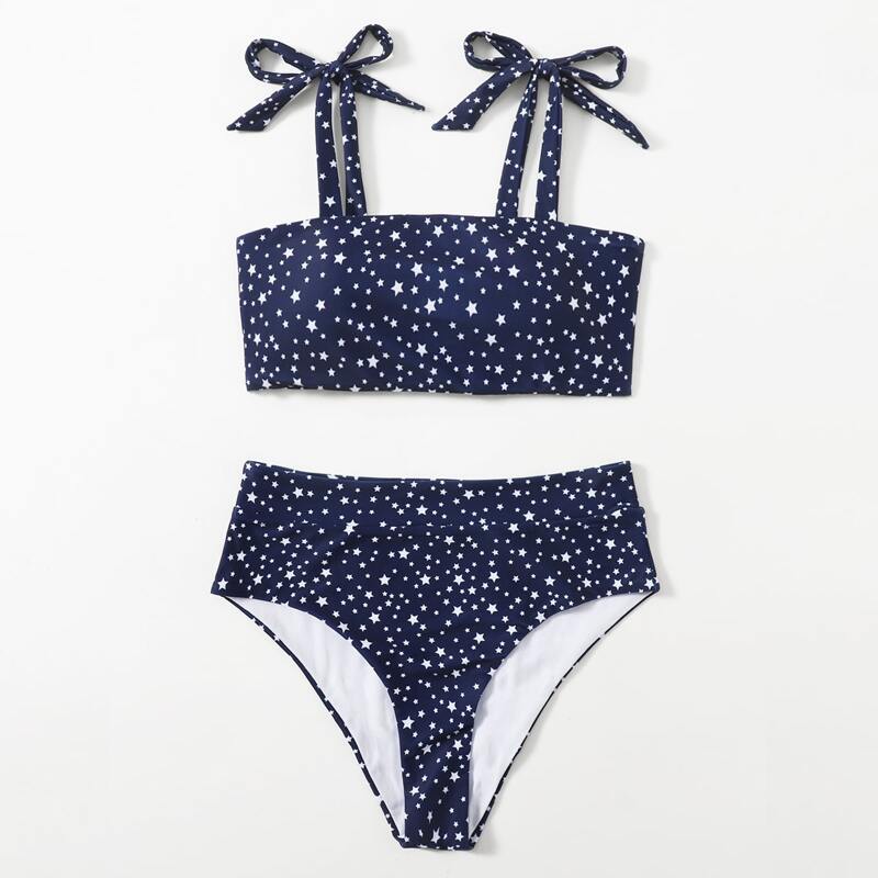 

Star Print Tie Shoulder Bikini Swimsuit, Blue and white