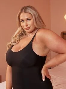 Bodys moldeador con camiseta de tirantes de color sólido para tallas grandes - Negro - Ver 3