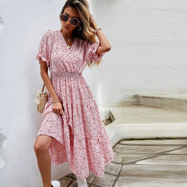 

Ditsy Floral Print Shirred Waist Ruffle Hem Dress, Baby pink