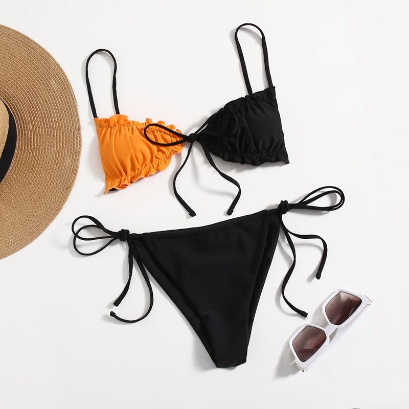 

Two Tone Frill Trim Bikini Swimsuit, Black