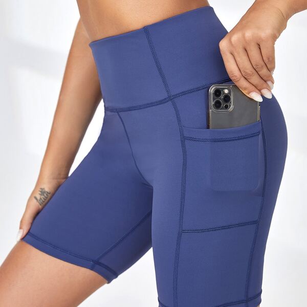 

Quick-Drying Wide Waistband Pocket Side High Stretch Sports Biker Shorts, Blue