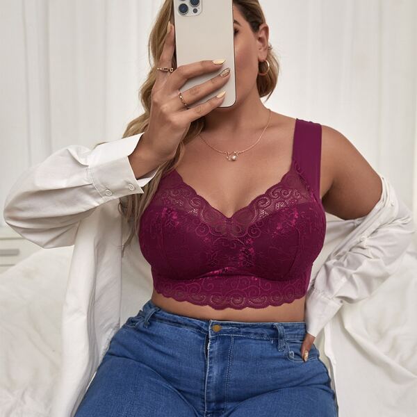 

Plus Contrast Lace Scallop Trim Bralette, Violet purple