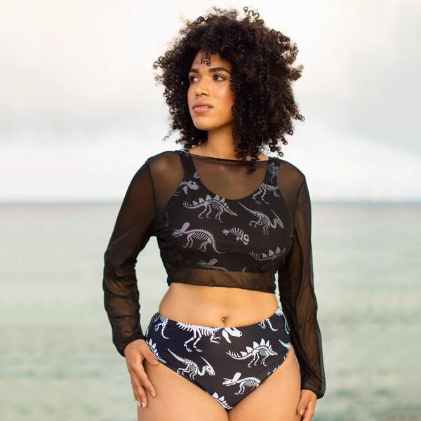 

3pack Plus Skeleton Print Bikini Swimsuit & Cover Up, Black and white