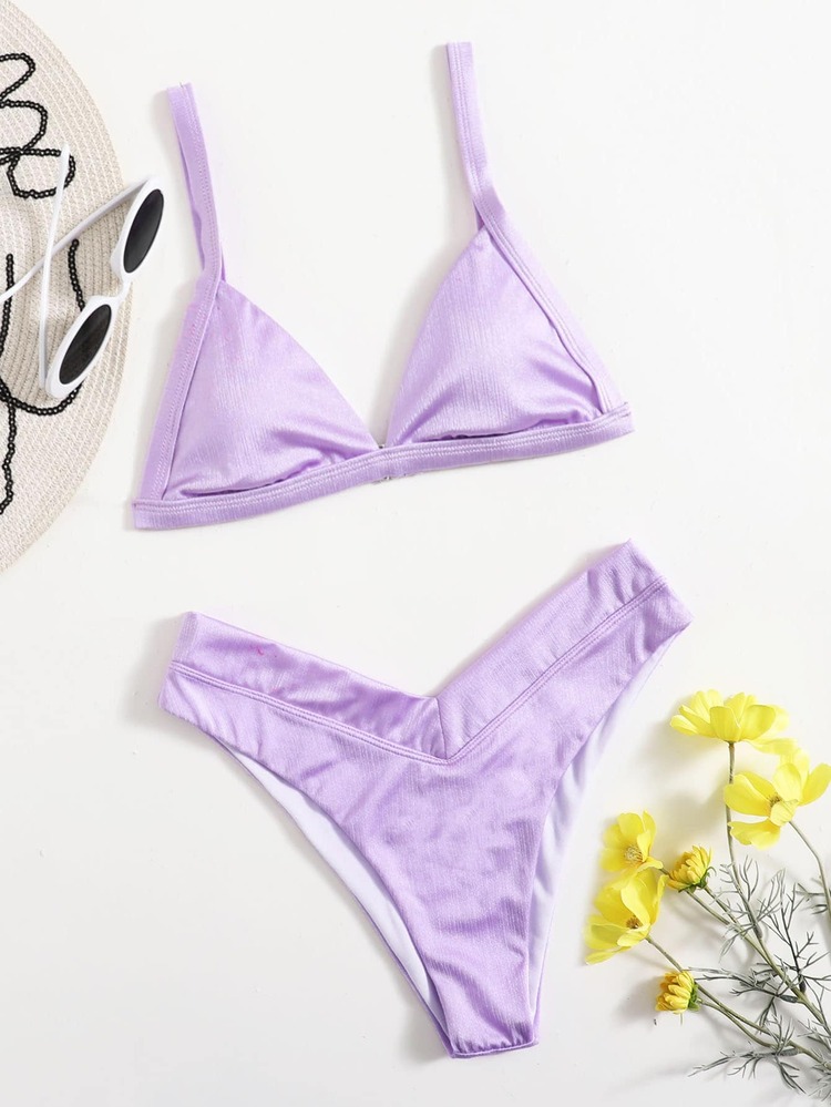 Solid Triangle Bikini Set For Summer Beach Vacation - Purple - View 4