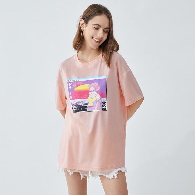 

Cartoon Figure Graphic Oversized Tee, Baby pink