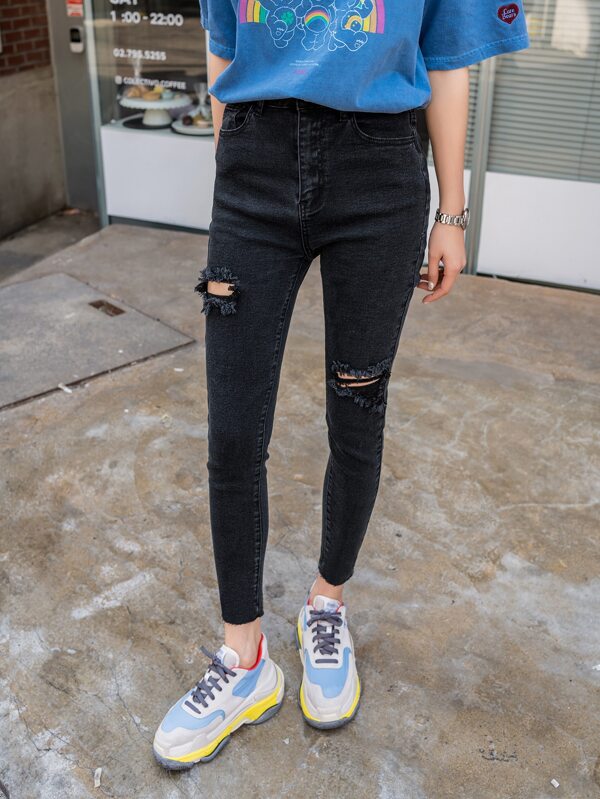 DAZY 破洞緊身實色牛仔褲