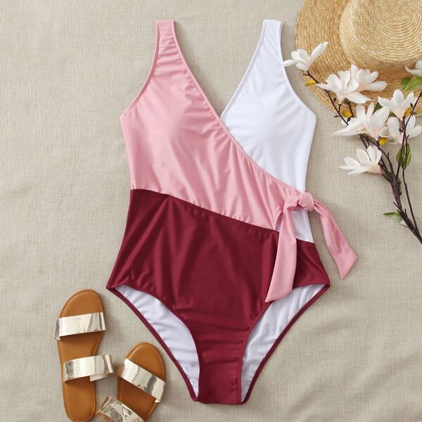 

Plus Color Block Knot Waist One Piece Swimsuit, Multicolor