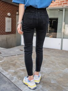 DAZY 破洞緊身實色牛仔褲 - 黑色 - 查看 2