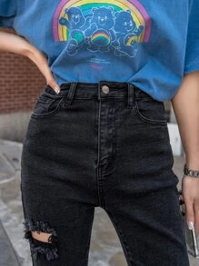 DAZY 破洞緊身實色牛仔褲 - 黑色 - 查看 3