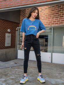 DAZY 破洞緊身實色牛仔褲 - 黑色 - 查看 6