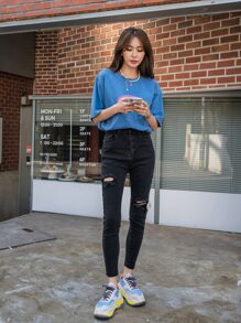 DAZY 破洞緊身實色牛仔褲 - 黑色 - 查看 7