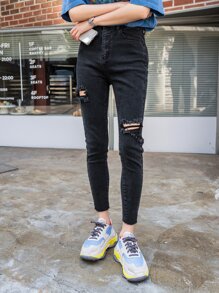 DAZY 破洞緊身實色牛仔褲 - 黑色 - 查看 8