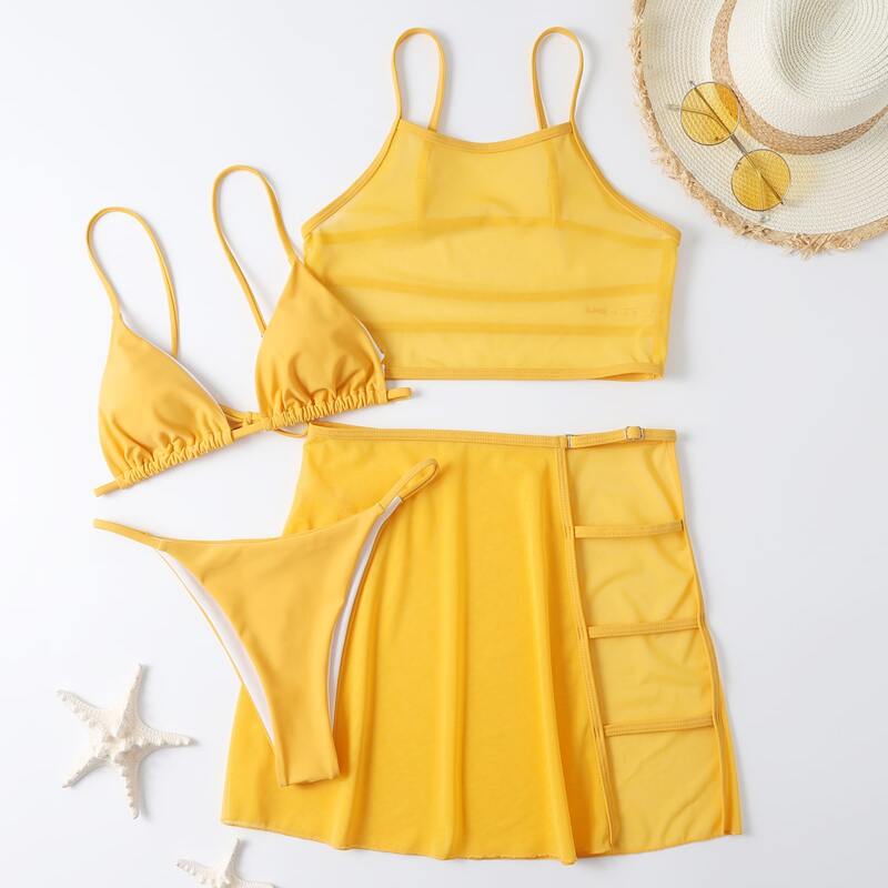 

4pack Bikini Swimsuit With Cut Out Beach Skirt, Yellow