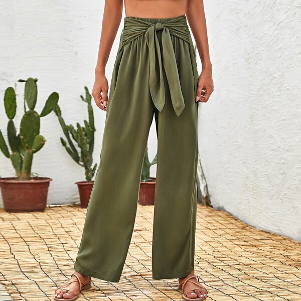

Tie Waist Wide Leg Pants, Army green