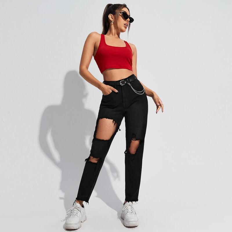 

Zipper Fly Ripped Detail Jeans With Chain Belt, Black