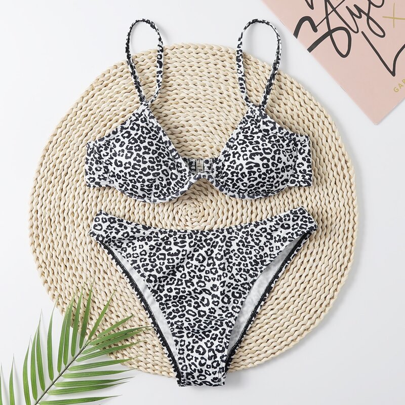 

Leopard Print Bikini Swimsuit, Black and white
