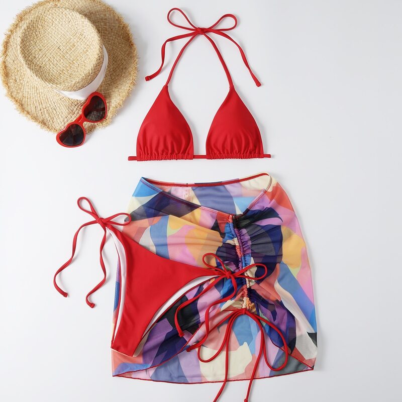 

3pack Color Block Bikini Swimsuit With Beach Skirt, Red
