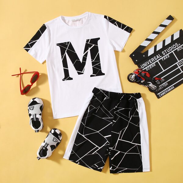 

Boys Letter Graphic Tee & Shorts Set, Black and white
