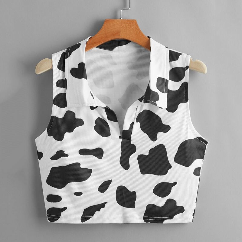 

Cow Print Ribbed Tank Top, White
