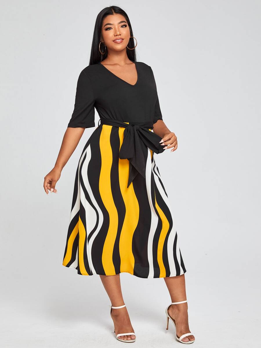 SHEIN Clasi Plus Striped Self Tie A-line Dress - Multicolor - View 1