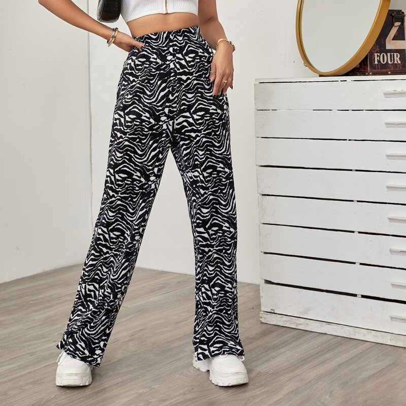 

Allover Print Wide Leg Pants, Black and white