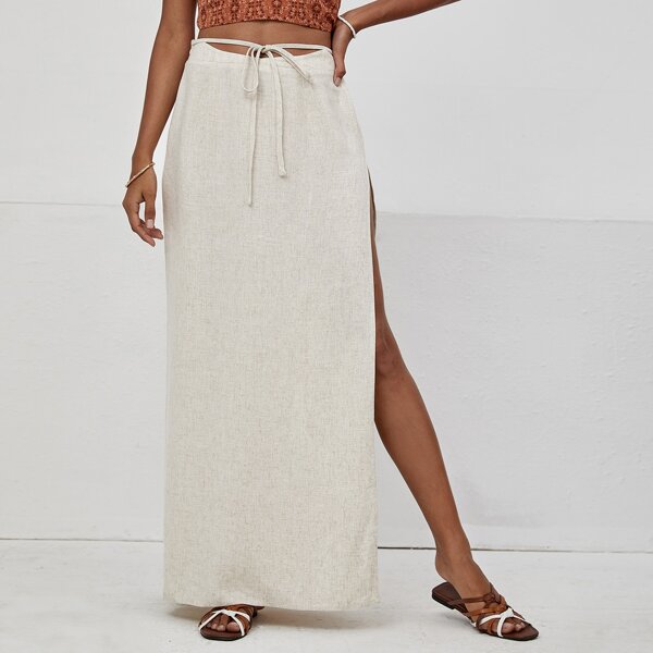 

Tie Front Split Thigh Skirt, Beige