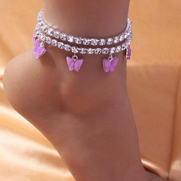 

2pcs Butterfly Charm Rhinestone Decor Anklet, Silver