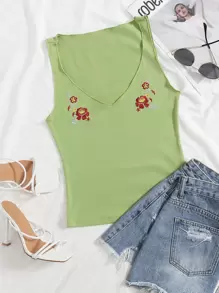 Top tank tejido de canalé con bordado floral - Verde Lima - Ver 1