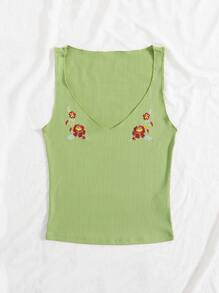 Top tank tejido de canalé con bordado floral - Verde Lima - Ver 3