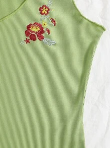 Top tank tejido de canalé con bordado floral - Verde Lima - Ver 5