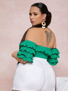 SHEIN Unity Plus 1pc Layered Sleeve Off Shoulder Crop Top - Green - View 2