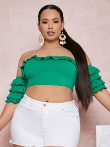 SHEIN Unity Plus 1pc Layered Sleeve Off Shoulder Crop Top - Green - View 3