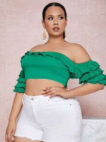SHEIN Unity Plus 1pc Layered Sleeve Off Shoulder Crop Top - Green - View 4