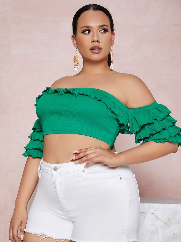 SHEIN Unity 1 pieza top corto de hombros descubiertos de manga a capas - Verde - Añade 4