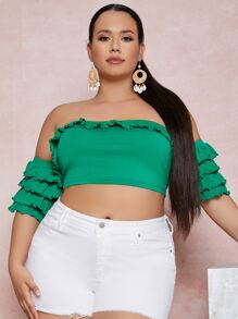 SHEIN Unity Plus 1pc Layered Sleeve Off Shoulder Crop Top - Green - View 5