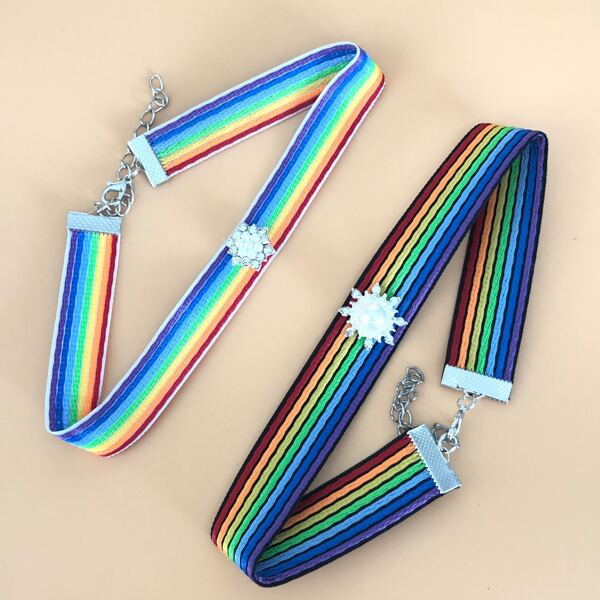 

2pcs Rainbow Striped Choker, Multicolor