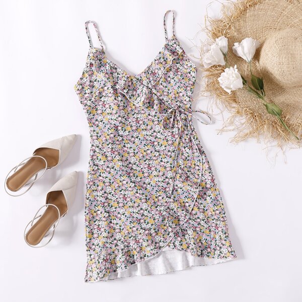 

Ditsy Floral Ruffle Detail Wrap Belted Slip Dress, Multicolor