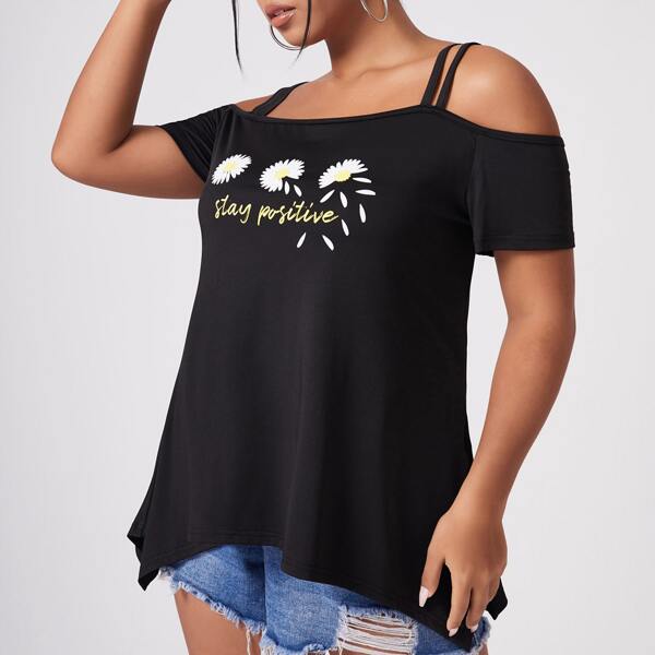 

Plus Floral & Slogan Cold Shoulder Tee, Black