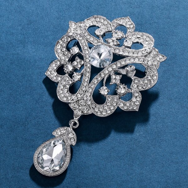 

Rhinestone Water Drop Decor Brooch, Silver