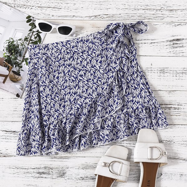 

Ruffle Hem Wrap Allover Plants Skirt, Blue and white