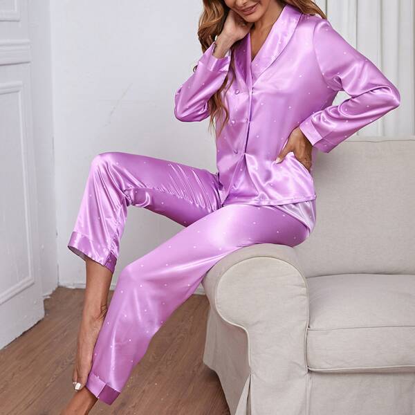 

Polka Dot Shawl Neck Satin Night Set, Lilac purple