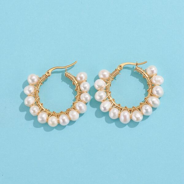 

Faux Pearl Decor Hoop Earrings, White