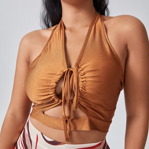 

Plus Drawstring Front Cut Out Halter Top, Brown