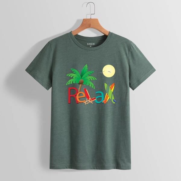 

Tropical & Letter Graphic Tee, Army green